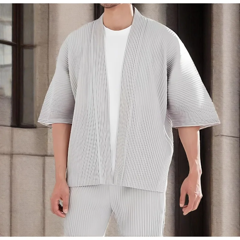 

Miyake плиссированная куртка, костюм с половиной рукавов Dobby, лето 2029, свободные топы большого размера с короткими рукавами, однотонная свободная повседневная куртка