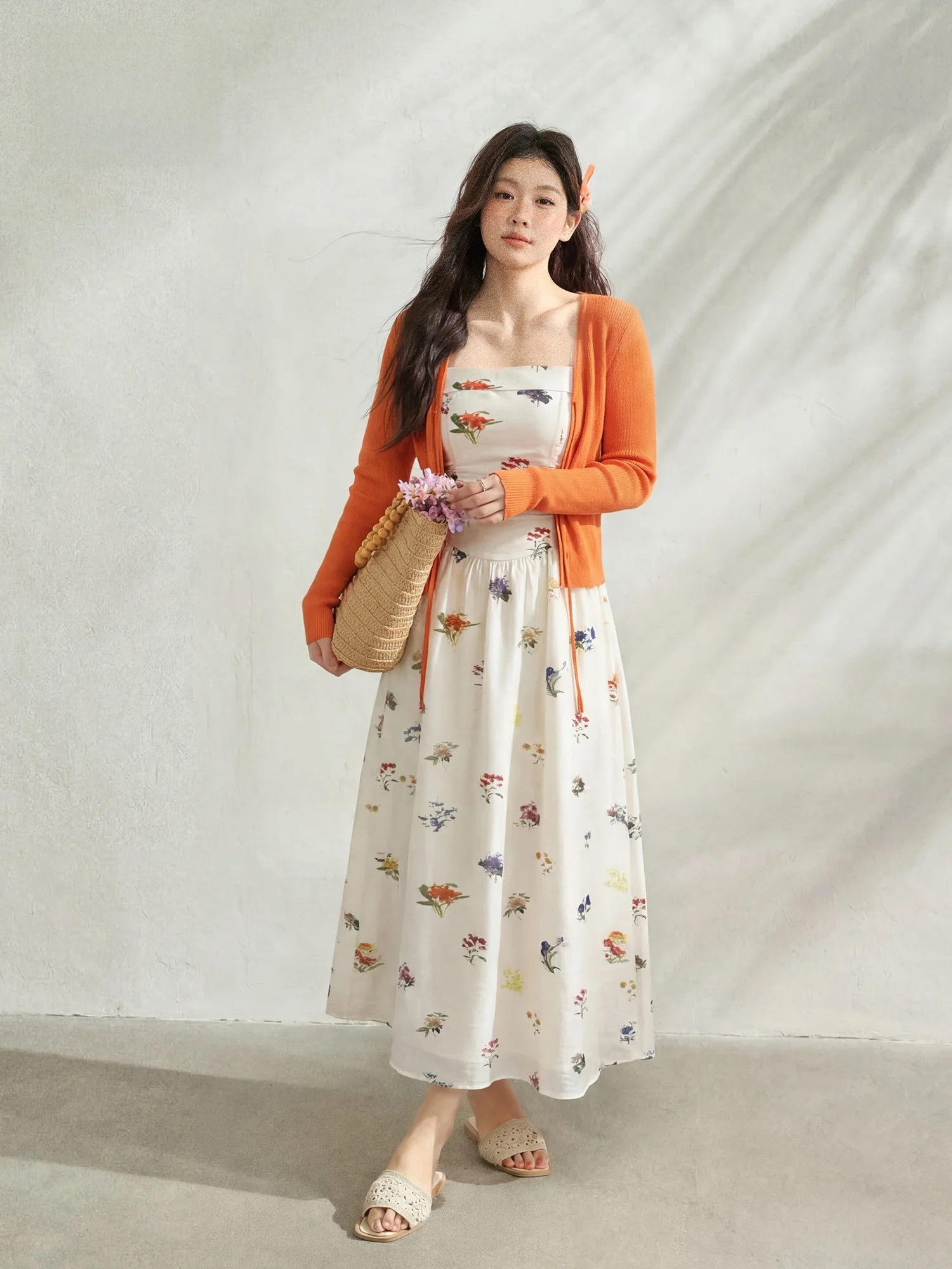 

Orange Open Cardigan Long Floral Halterneck Women's plus Size Summer Vacation Style Outfit Set Conceal Flattering Slimming