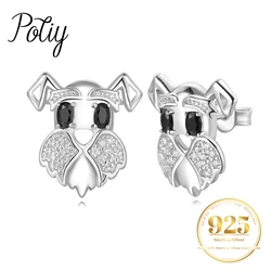 Potiy Natural Oval Shape Black Spinel Cute Dog Stud Earrings 925 Sterling Silver for Women Daily Wedding Party Jewelry