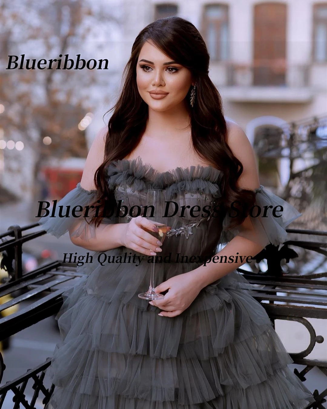 Blueribbon المتدرج تول فساتين لحضور الحفلات الموسيقية مخصصة قبالة الكتف حفلة تنكرية مأدبة ثوب للنساء الدانتيل حتى الظهر مساء اللباس #6