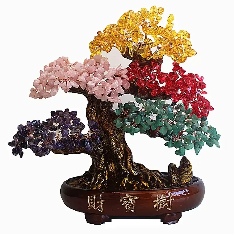 Handmade resin bonsai tree statue colored crystal tree ornament asian style home office tabletop ornament gift