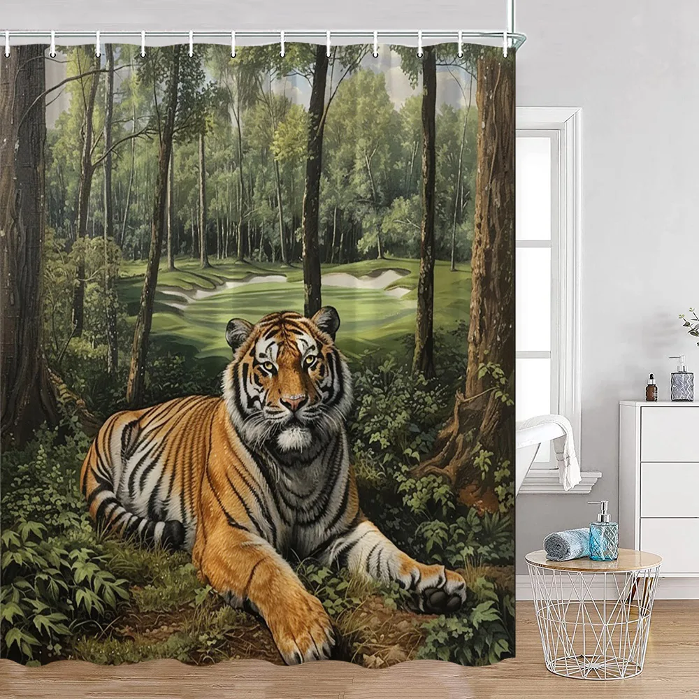 Wild Animals Shower Curtain Tiger Forest Elegant Panther Green Palnts Rose Floral Home Decor for Bathroom Polyester Bath Curtain