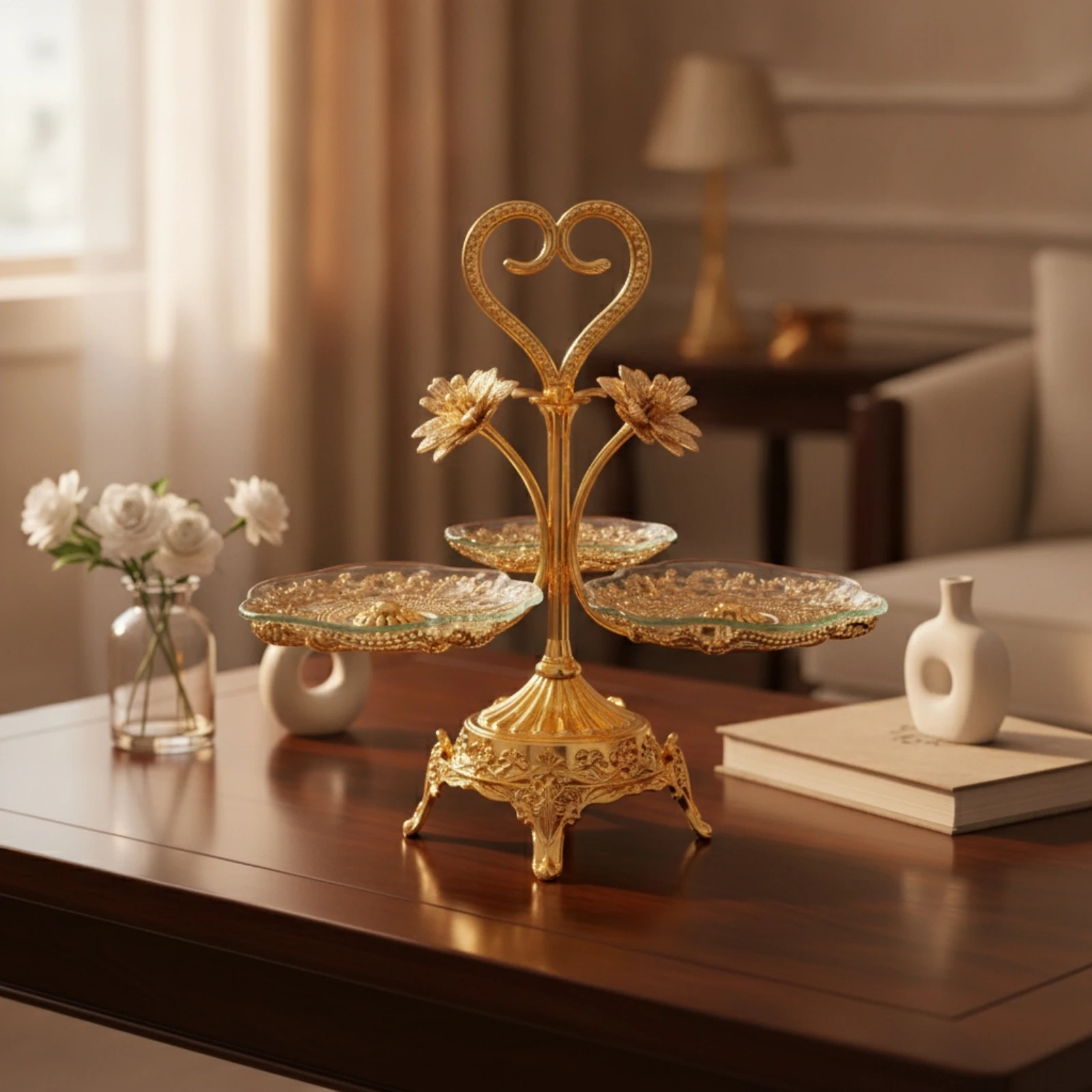 Fruit Stand with Glass Trays Filigree Dessert Stand with Metal Frame Ornate Dessert Stand Scalloped Heart-Shaped Tray Tiered