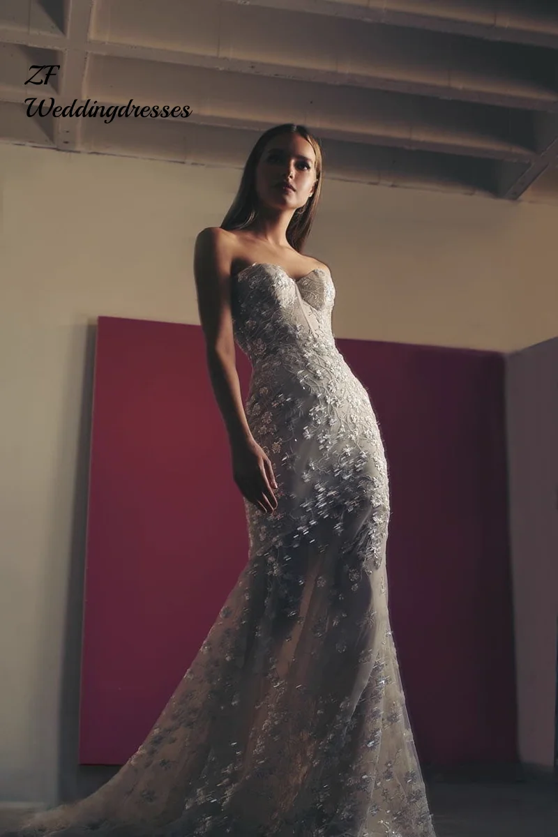 فستان زفاف ذيل السمكة من الصناعة الثقيلة الفرنسية الفاخرة المخصصة، نمط جديد من فستان الزفاف الراقية للعرائس لترحيب الرجال