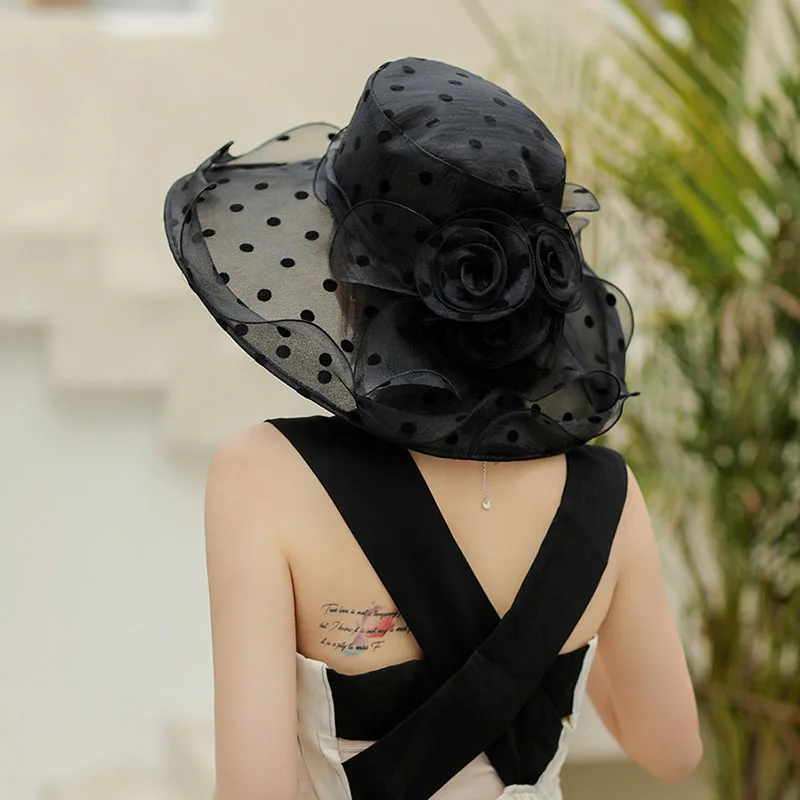 Elegant temperament Hat For Women Dot Chiffon Bucket Hat Organza breathable Beach Hat summer big eaves sunshade fisherman hat