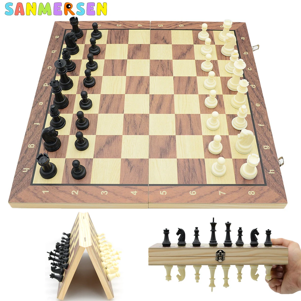 15 inch Wooden Folding Chess & Checkers Set 6cm Height King Chess Wooden Chess Set Folding Magnetic Board Chess Game