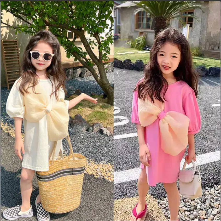 3 Colors Girl Big Bow Dress Summer New Short Sleeve Princess Dress Children Casual Style Vestidos Kids Dress Wz1095