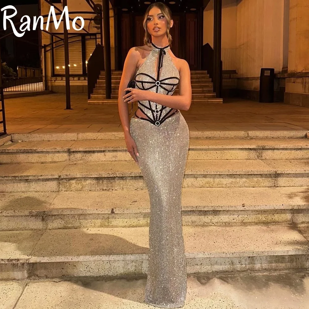 

Ranmo Halter Sexy Beaded Sparkly Lace Mermaid Evening Dress فساتين سهرة Customized Pleat Luxury Prom Gown Sleeveless