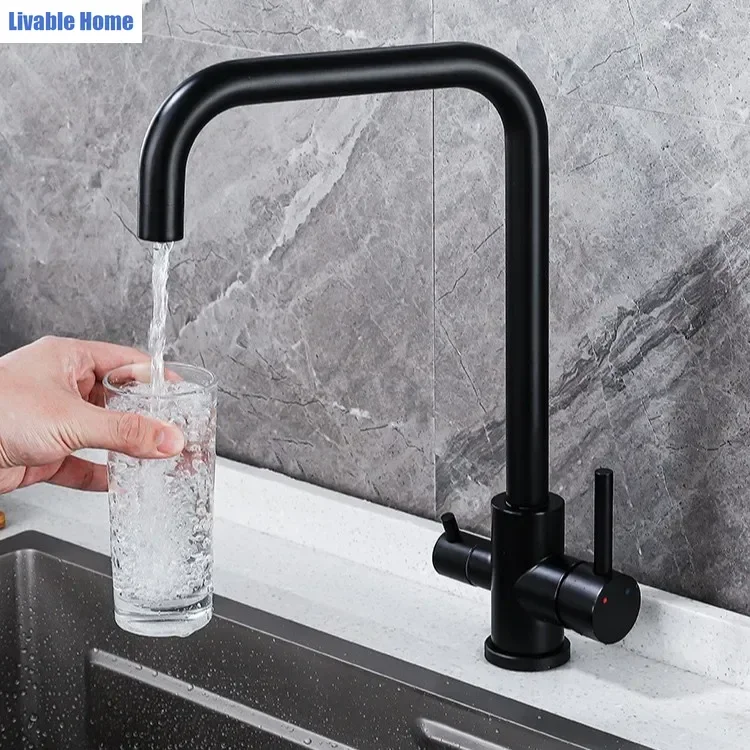 Black Stainless Steel Kitchen Sink Tap for Domestic Use Hot and Cold Water Basin with European-Style Splash Guard