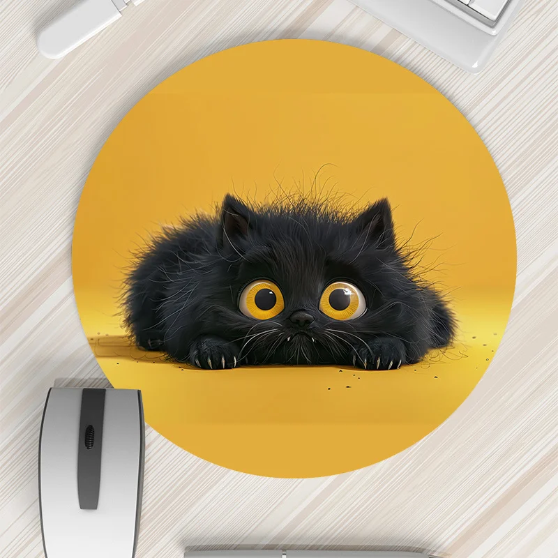 Cute Black Cat Round Mouse Pad Non Slip Rubber Mat Office Gaming Gamers Home Office Adorable Cartoon Desk Mats Rug Set Up