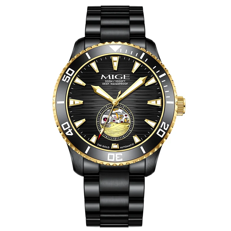 

MIGE brand High-end black stainless steel men automatic Swiss Night Light Ceramic bezel mechanical waterproof watches