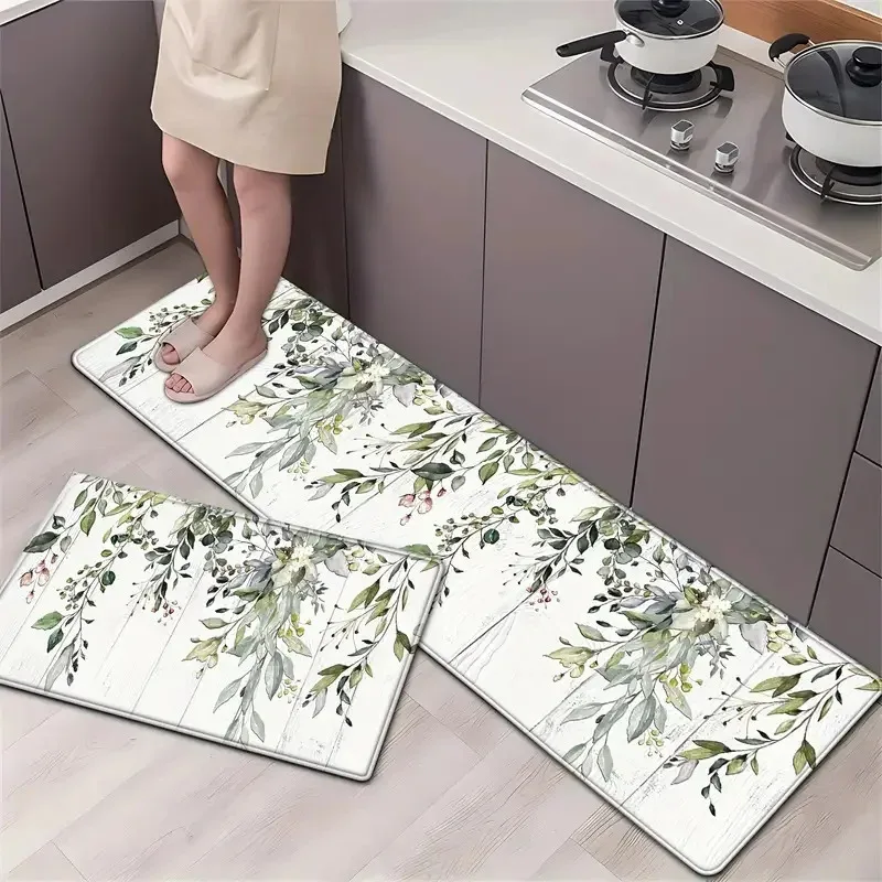 VIKAMA 1/2 pieces Fresh Green Plants Kitchen Floor Mat Anti-fatigue Anti-slip Mat Entrance Corridor Carpet Home Decoration