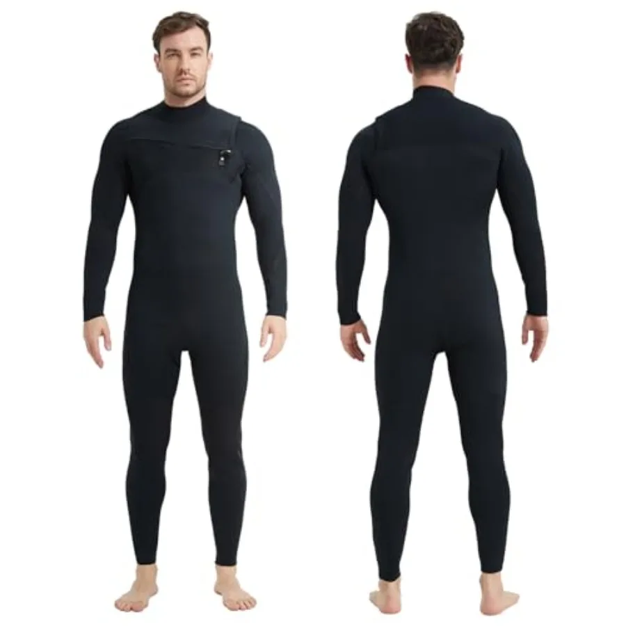 Mens Surfing Wetsuit for Cold Water Super Stretch Neoprene 4/3mm Black with Grey Accents Chest Zip Enhanced Flexibility and The