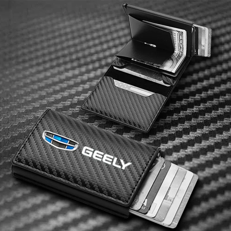 Business Brown Leather Carbon Fiber Rfid Card Holder Pop Up Wallet For geely coolray atlas Emgrand X7 EC7 Boyue CK2 GC6 Parts LC