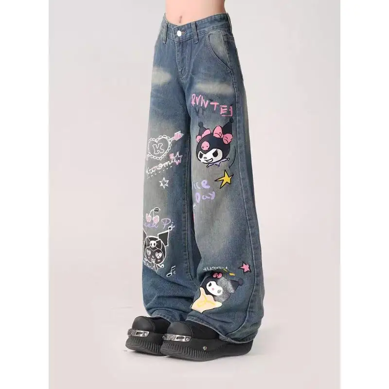 Sanrio cartoon jeans kuromi bonito solto menina pernas largas doce bonito casual moda conforto casual respirável presente para namorada
