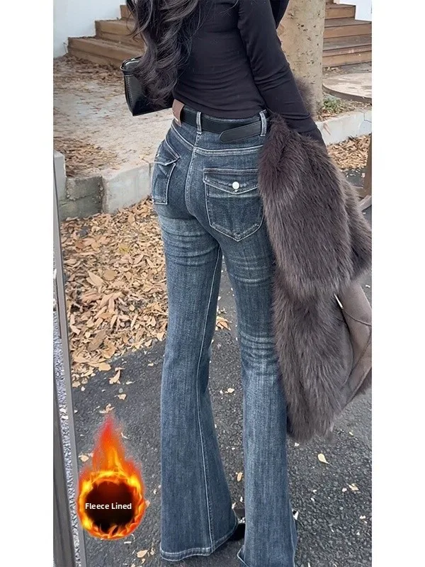 

Retro American Fce Lined Flared Jeans Women Winter Thi Warm Slim Fit Bell Bot High Waist Denim Pants Ladies Faion