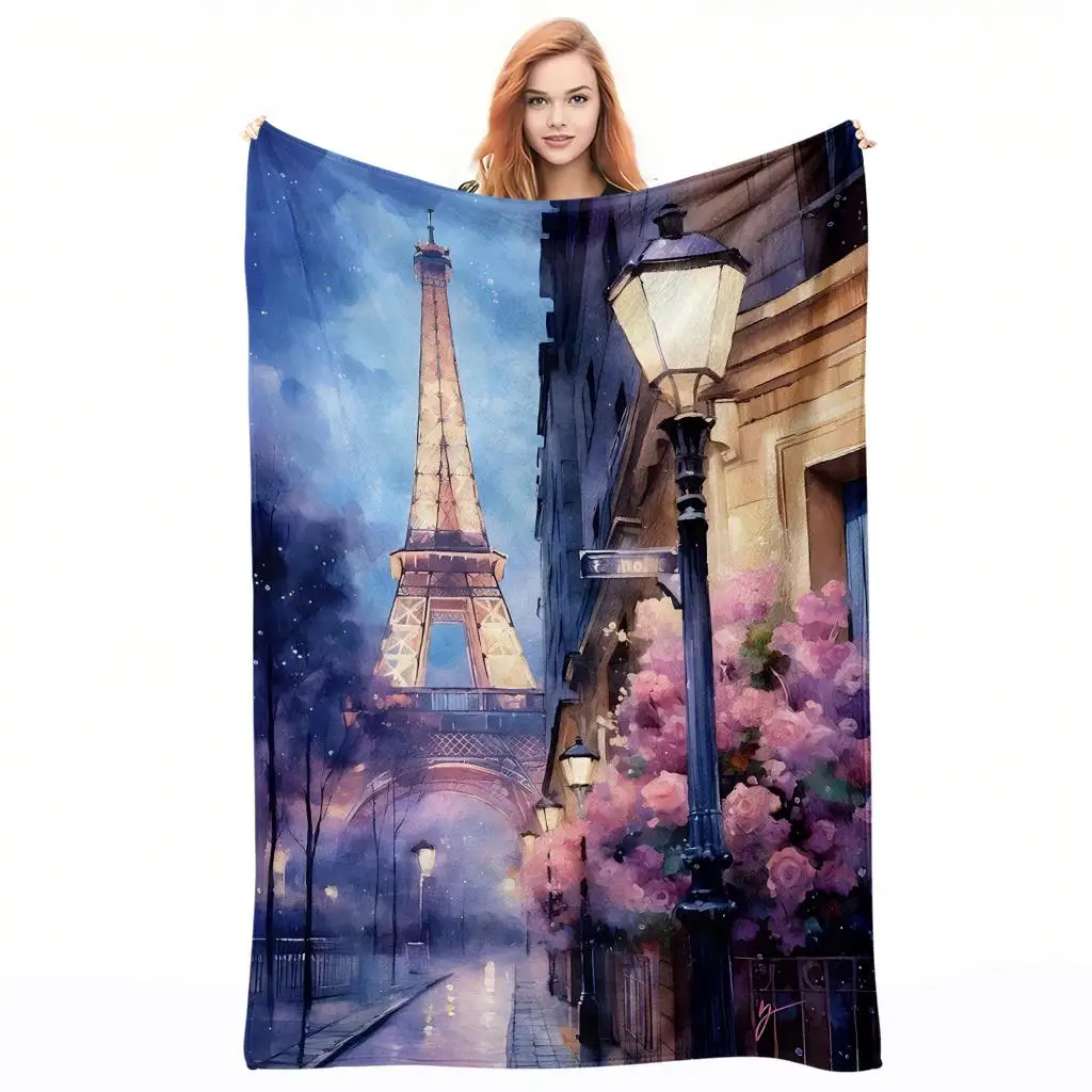 Paris Night Scene Pattern Flannel printed blanket suitable for all seasons suitable for living room office sofa and travel