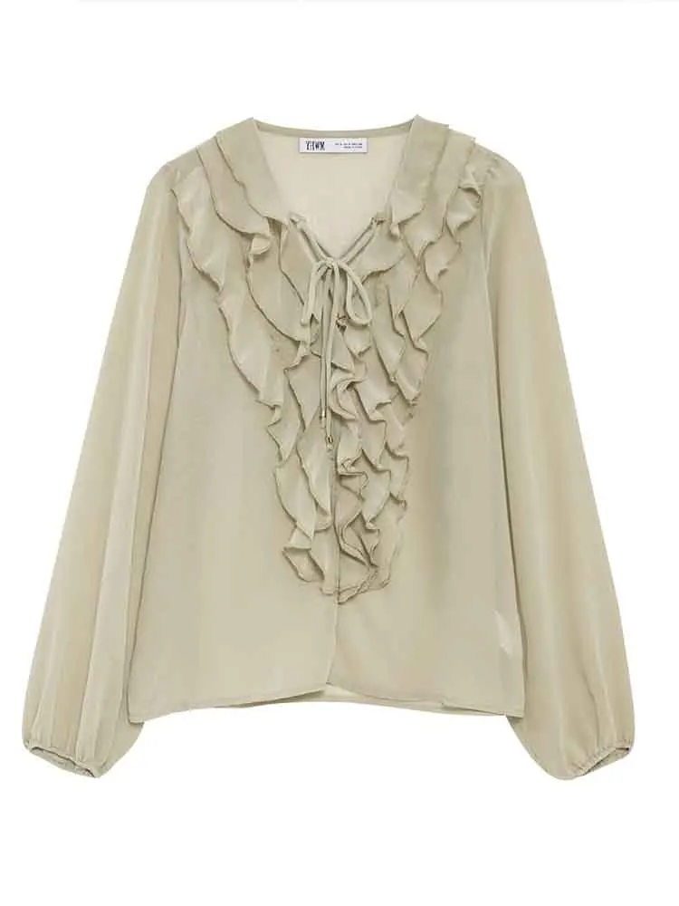 

European style new women's fashion design layered decoration translucent V-neck long-sleeved solid color shirt