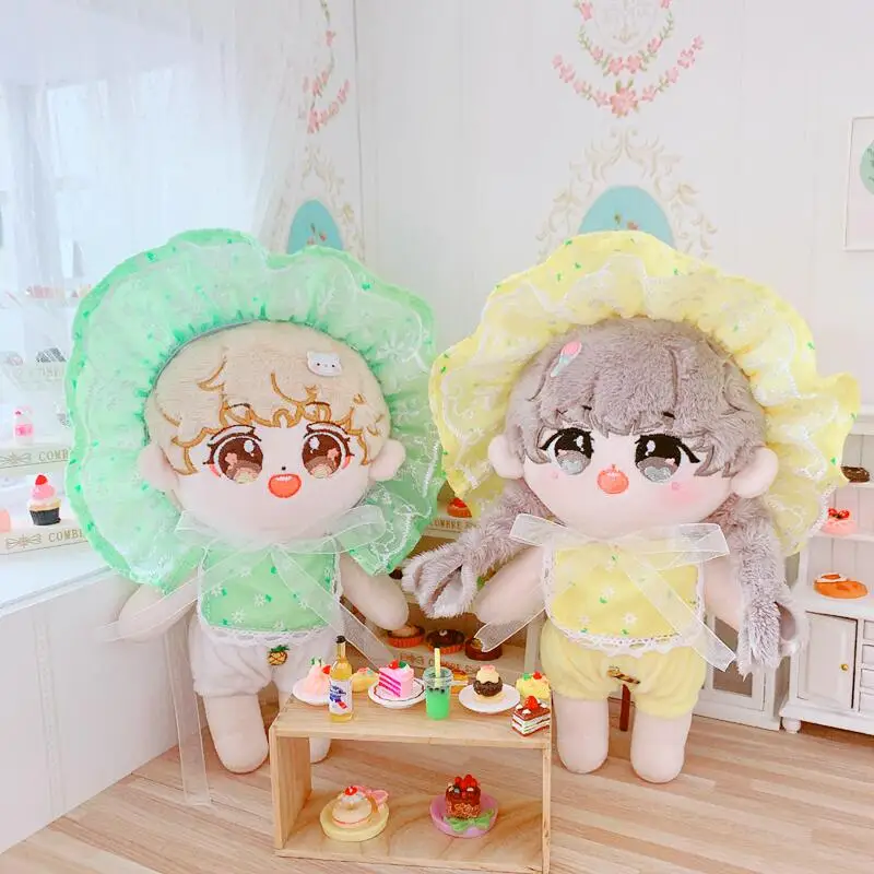 Kawaii Green Yellow Lace Baby Hat and Bib Pants Suit for Girls, Cute Idol Doll Clothes, DIY Dress Up Plush Doll Clothes, 20cm