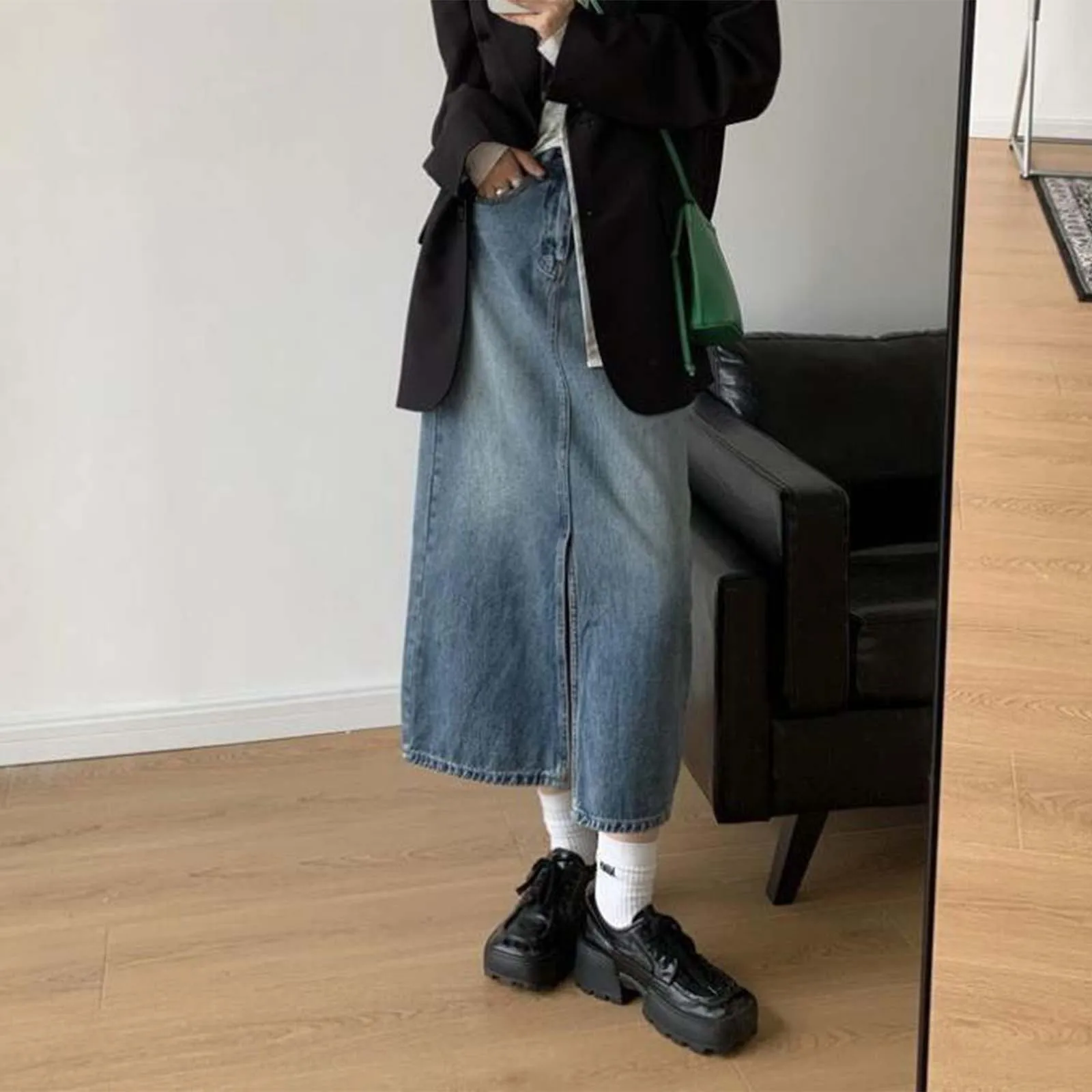 Jupe en jean délavée rétro pour femme, taille haute, fendue, ligne A, jean, style coréen, tenue streetwear, bleu, longue, 2024
