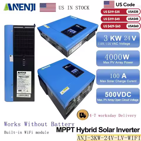 ANENJI 110V/120VAC Hybrid Solar Inverter 3KW 24V MPPT Pure Sine Off Grid Photovoltaic Inverter with100A Solar Charger PV 500VDC