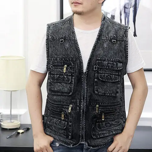 Imagen 2 del producto Chaleco sin mangas con múltiples bolsillos para hombre, ropa de calle de Color sólido, talla grande, cuello en V suelto, prendas de vestir exteriores para pesca, primavera y otoño