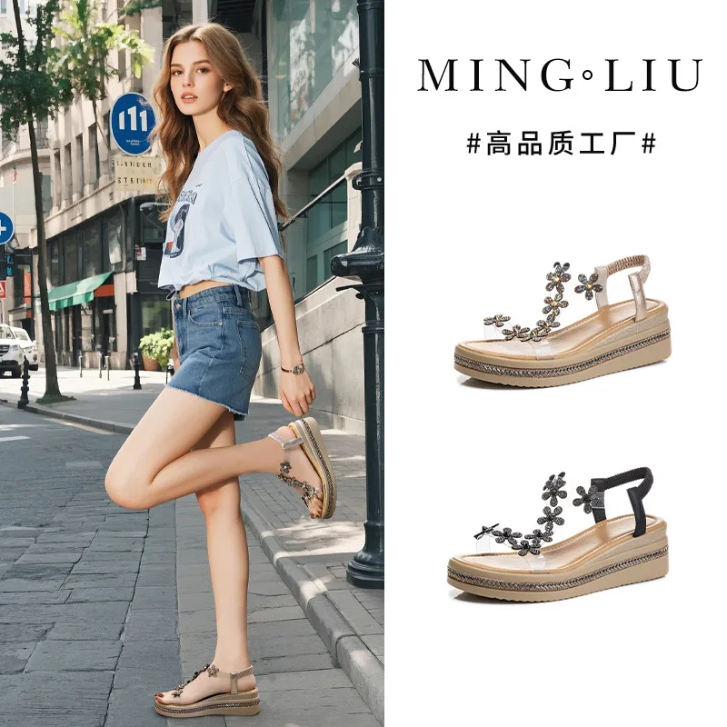 

Rhinestone Flowers Wedges Sandals Women 2025 Luxury Crystals Chunky Platform Sandles Woman Clear Pvc Super High Heel Party Shoes