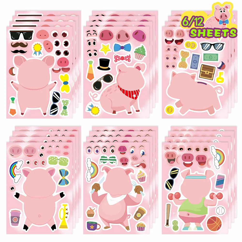 6/12Sheets Make a Face Pink Pig Puzzle Stickers Cute Animals Assembly Jigsaw Kids DIY Education Toys Party Game Decoration Gifts