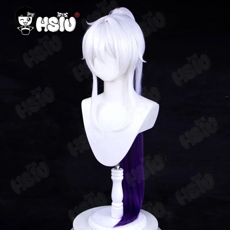Kiana Kaslana Cosplay peluca juego Honkai Impact 3 Cosplay peluca HSIU 90Cm blanco mezclado púrpura cola de caballo pelo largo peluca sintética + gorro de peluca