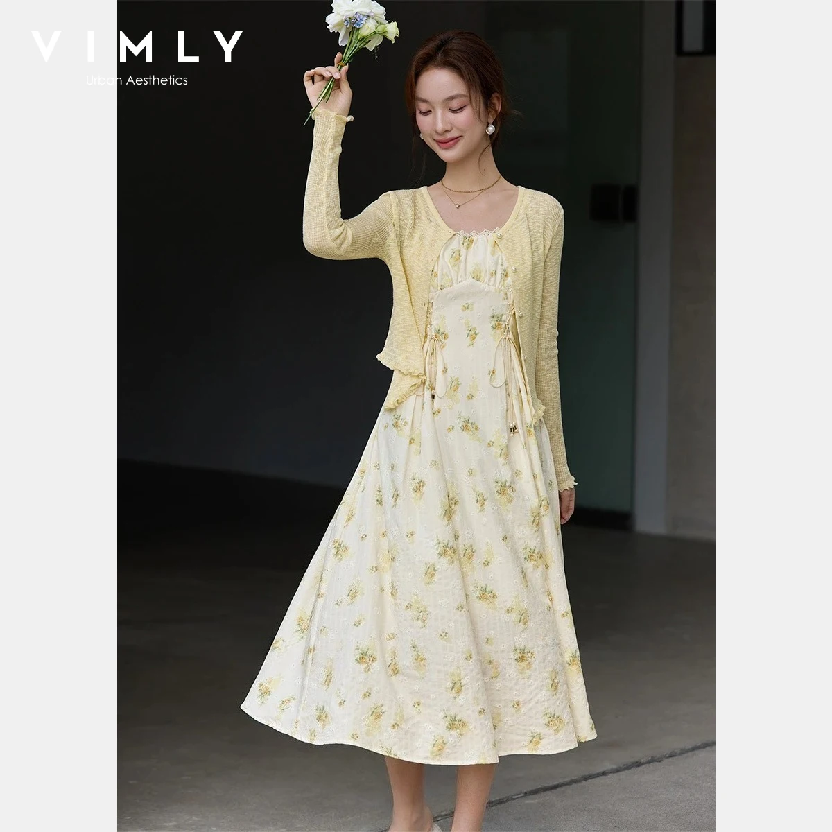 

VIMLY Women's Floral Dress Set 2026 Spring New French Style Floral Print Slip dress Knit Cardigan Casual Two-Piece Set 30732