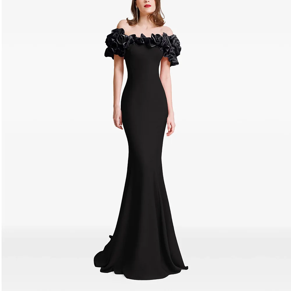 

Elegant Black Off Shoulder Evening Dress for Women 3D Flower Mermaid Formal Prom Gown