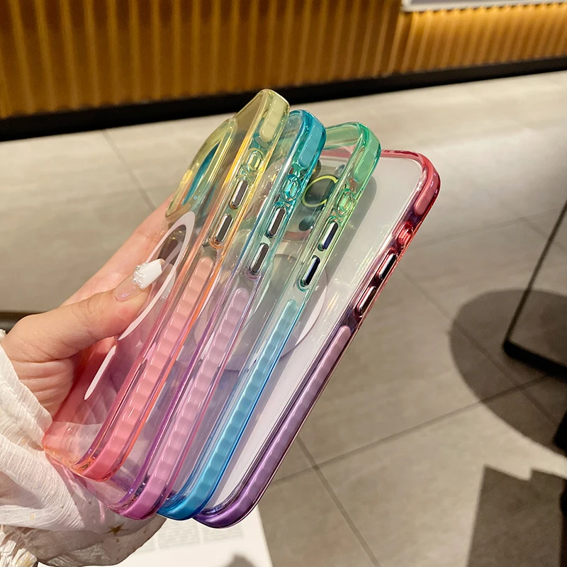 Hit color Transparent Shockproof Magsafe Phone case for iPhone 15Pro 13 14 15Pro Max Wireless Charging case Hard Back Cover