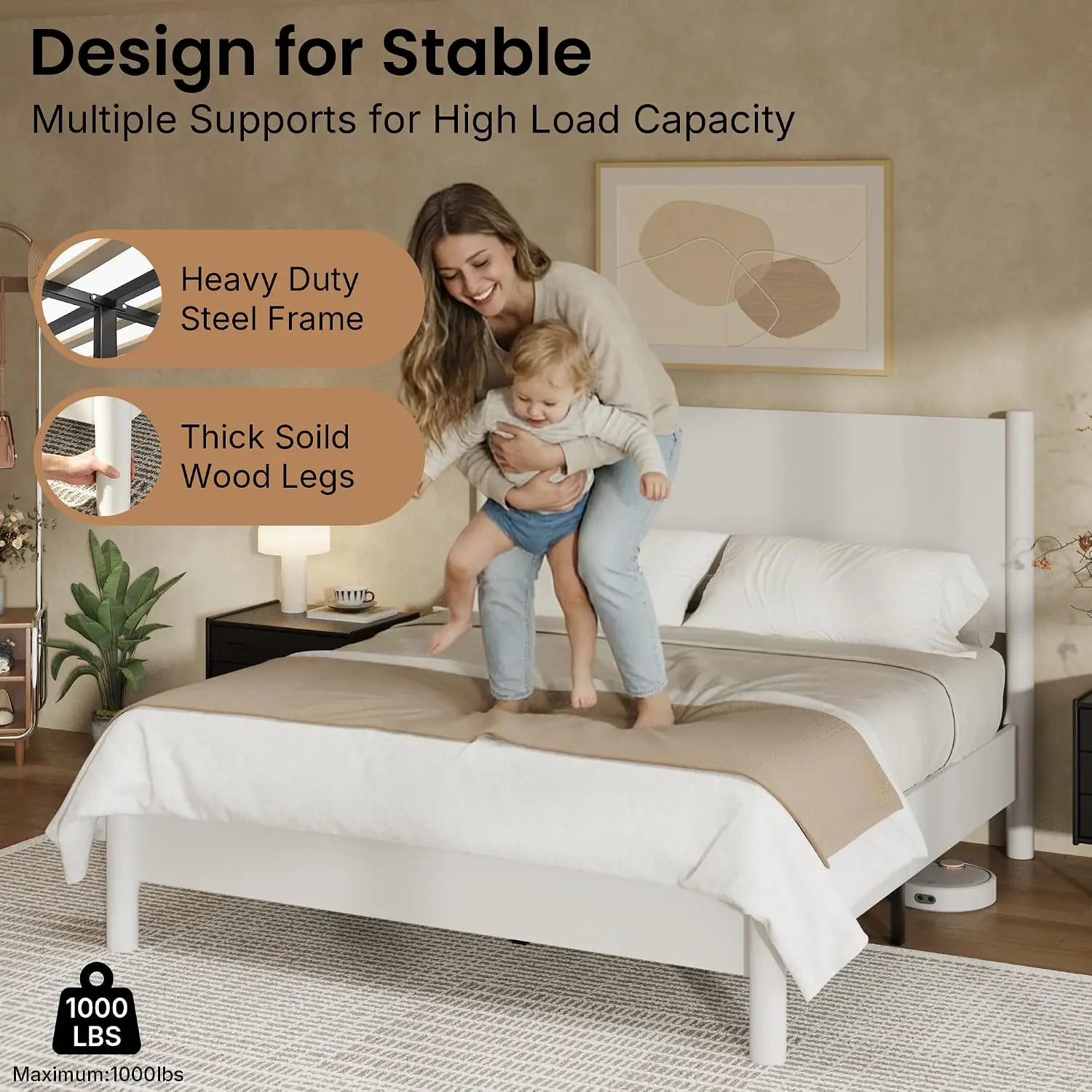King Platform Bed Frame With Wood Headboard, White, Customized image 5