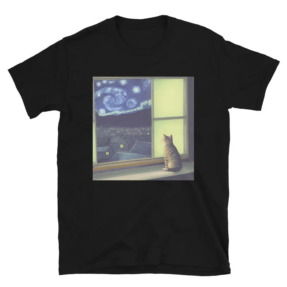 Van Gogh Inspired Cat Staring At Starry Night T-Shirt Anime Graphic T-shirts For Men Clothing Women Tees High Quality