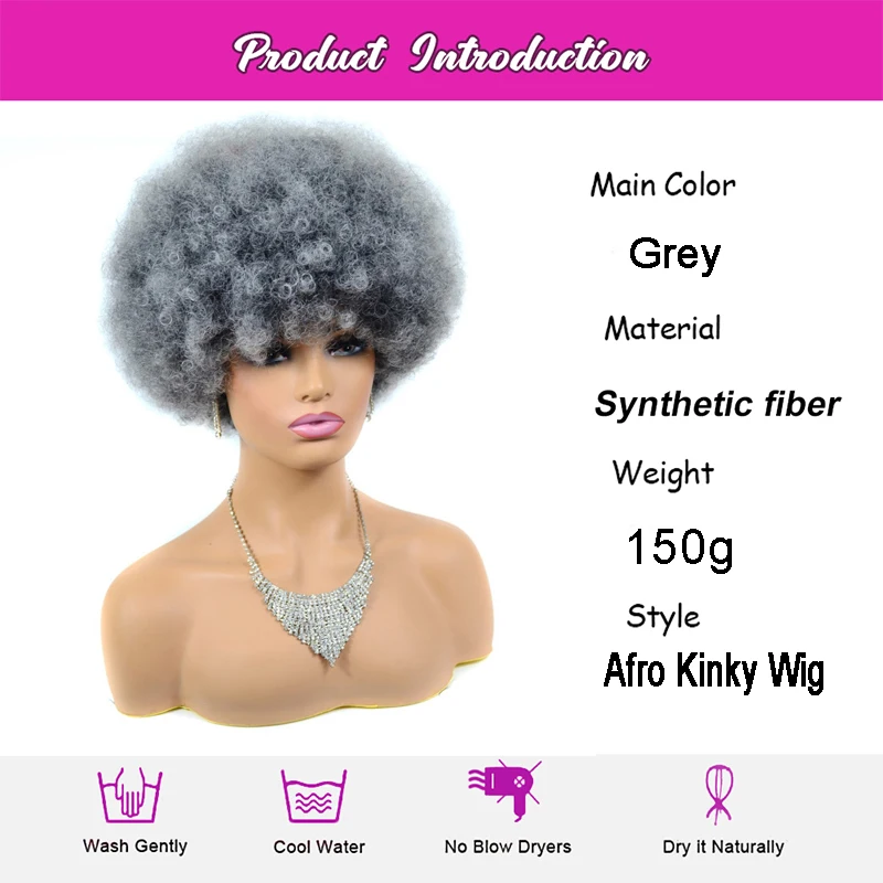 Grijze Afro krullende pruiken voor zwarte vrouwen Lijmloze Wear and Go-pruik Korte Afro krullende bladerdeegpruik Bouncy en zachte synthetische gekleurde pruiken