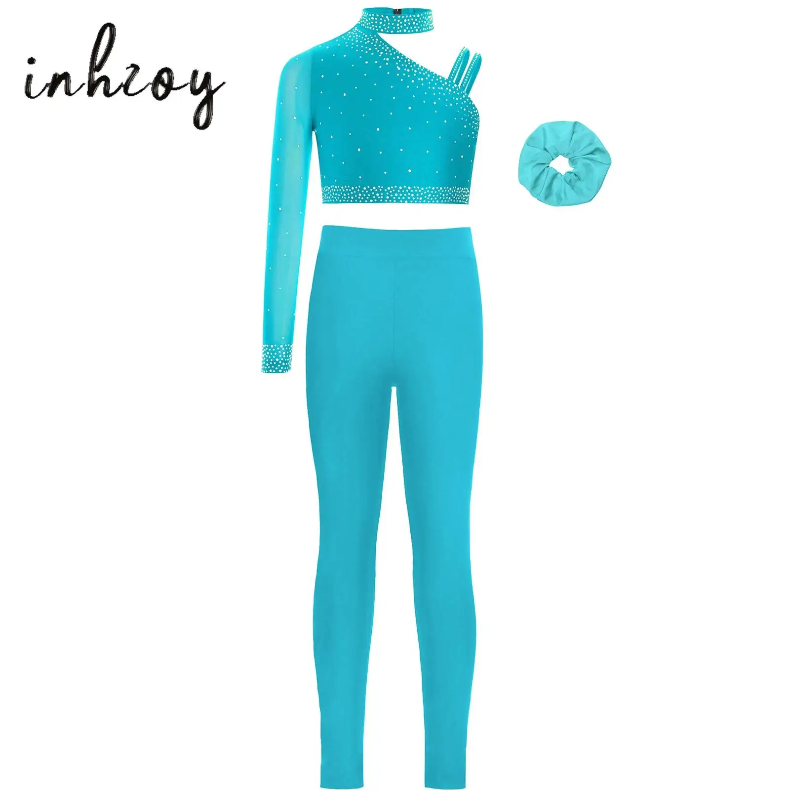 

Kids Girls Gymnastics Yoga Workout Outfit One Shoulder Sparkly Rhinestone Crop Top+Hairband+Leggings for Figure Skating Dance