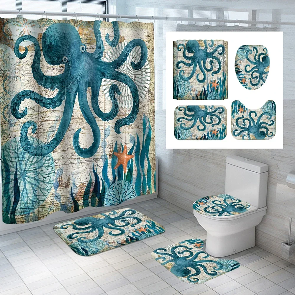 Turtle Sea Horse Dolphin Print Shower Curtain Set Bathroom Bathing Screen Anti-slip Toilet Lid Cover Carpet Rugs Home Decor Sets