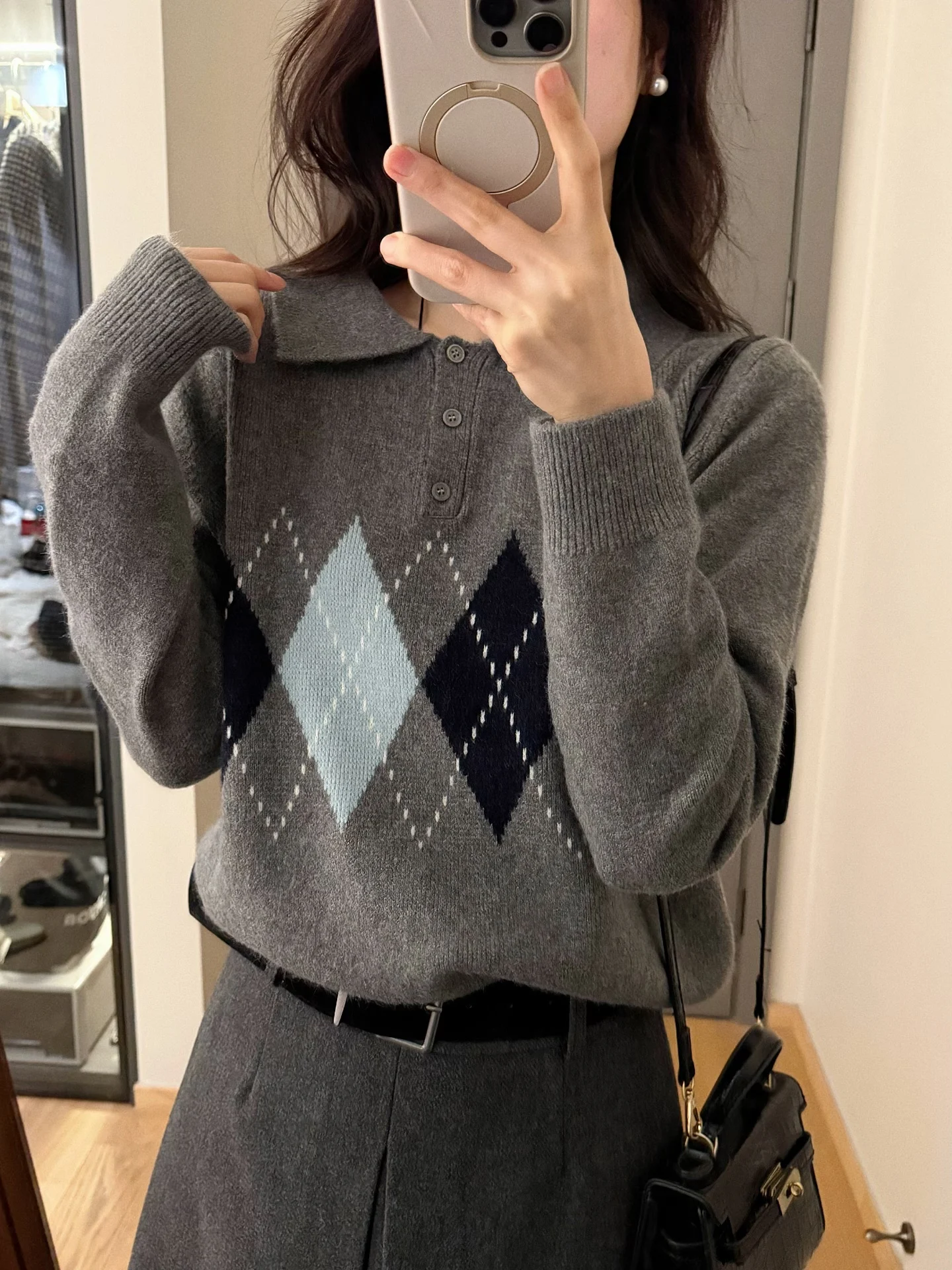 

Loose Women's Knitted Sweater Wendy Korean Sle Diamond Pattern Turn-down Collar Lazy Sle Winter Faion Ladies Top