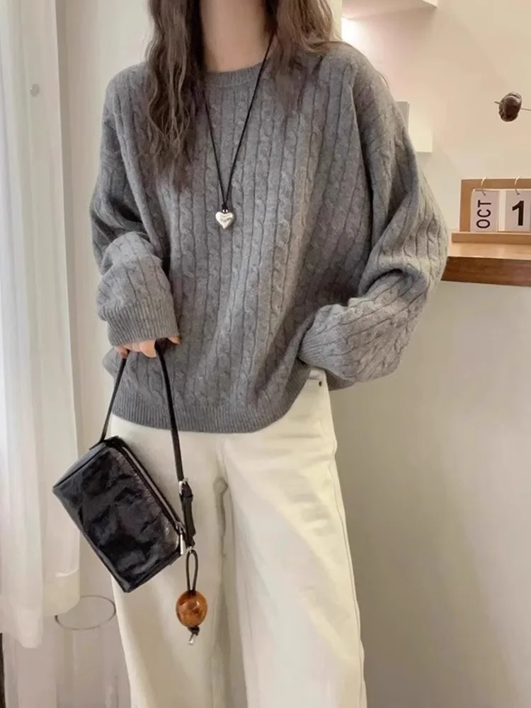 

Retro Twist Long Sve round Ne Knitwear Women's Loose Lazy Slimming Versatile Camere Sweater Commute Anti-aging