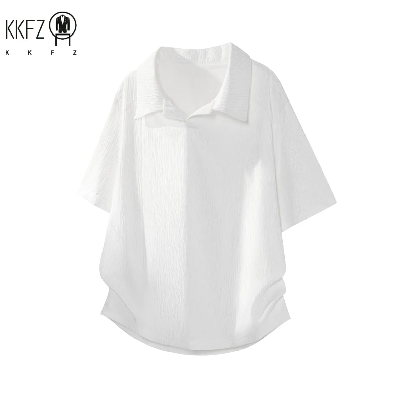 Mens Crinkle Woven Lapel V Neck Short Sleeve Top Oversized Silhouette Curved Hem For Daily Street And Travel Matching
