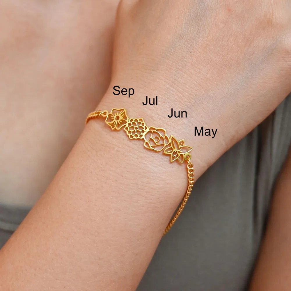 Personalized Stainless Steel Birthflower Bracelet Family Jewelry Custom Flower Charm Bracelets Mom Sister Birthday Gift