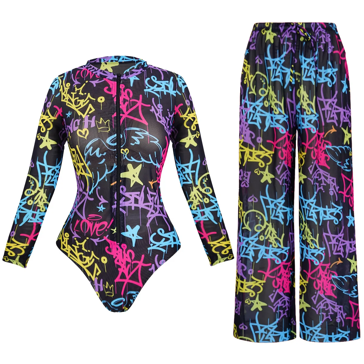 

XS - XXL Printed Long Sleeve With Pants 2025 Women Swimwear One Piece Swimsuit Female Zipper Padded Bather Bathing Suit Swim