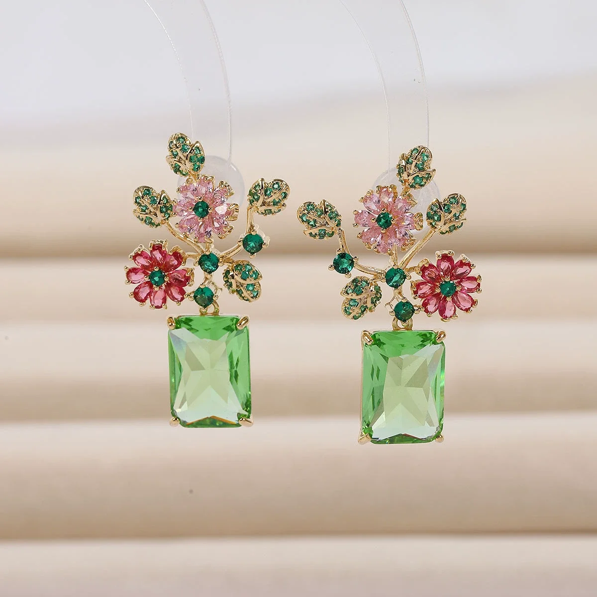 

925 Silver Needle Flower Shape Emerald Green CZ Drop Earrings, Sparkling Luxury Statement Jewelry for Women