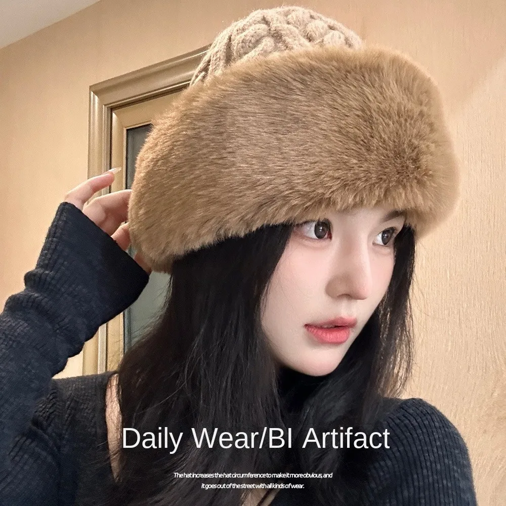 

Simple Korean Style Faux Fur Bucket Hat Thicken Knitted Plush Fisherman Hat Ear Protection Keep Warm Winter Women Hat Outdoor