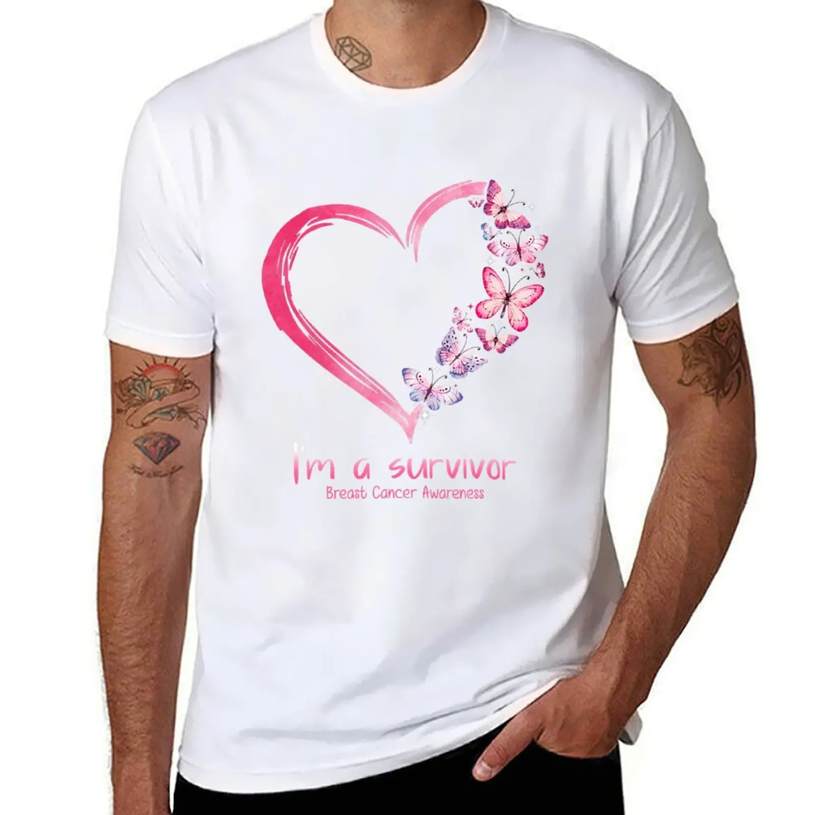

Pink Butterfly Heart I'm A Survivor Breast Cancer Awareness T-Shirt man t shirt graphic t shirts for man cotton T-Shirt
