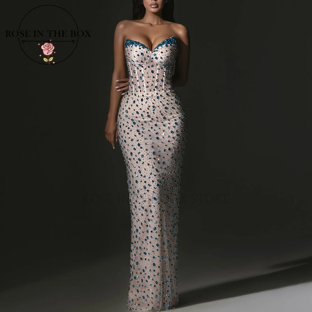 

ROSEINTHEBOX Customized Strapless Sweetheart Mermaid Evening Dresses with Blue Crystal Elegant Party Dresses Formal Gown