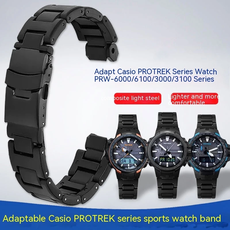 

For Casio Mountaineering Watch PRW-6100/6000/3100/3000Y Metal strap Bracelet Composite Plastic Steel Watch Band Black with tool