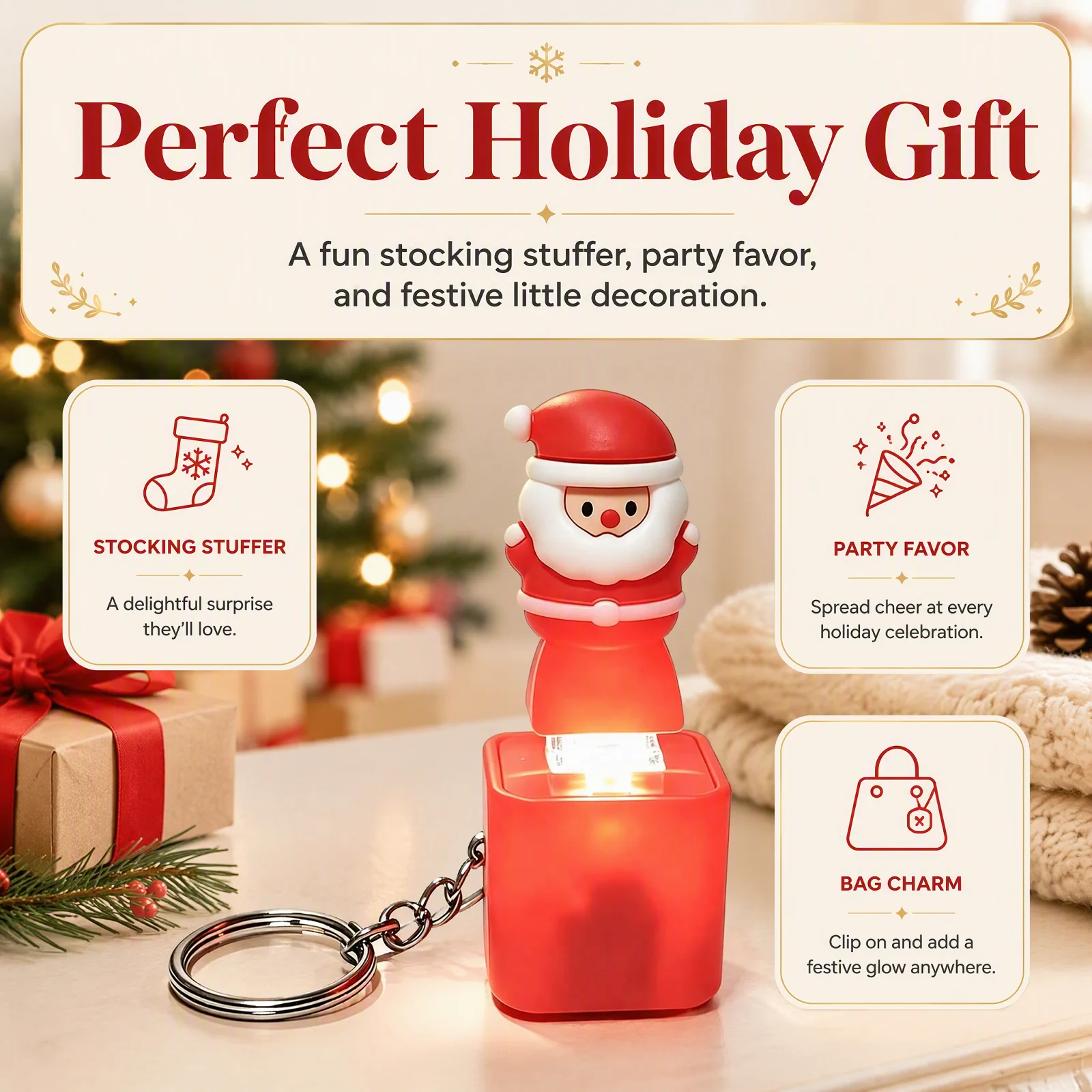 Christmas Santa Claus Light Up Sound Keychain LED Glowing Pendant Holiday Music Key Ring Bag Charm Gift