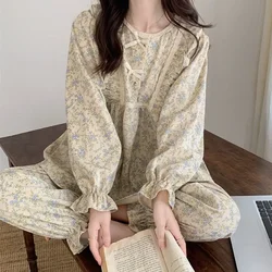 Lace Sleepwear Vintage Women Pajamas Set for Home Floral Long Sleeve Pants Suit 2 Pieces Spring Ruffle Korean O-neck Night Wears