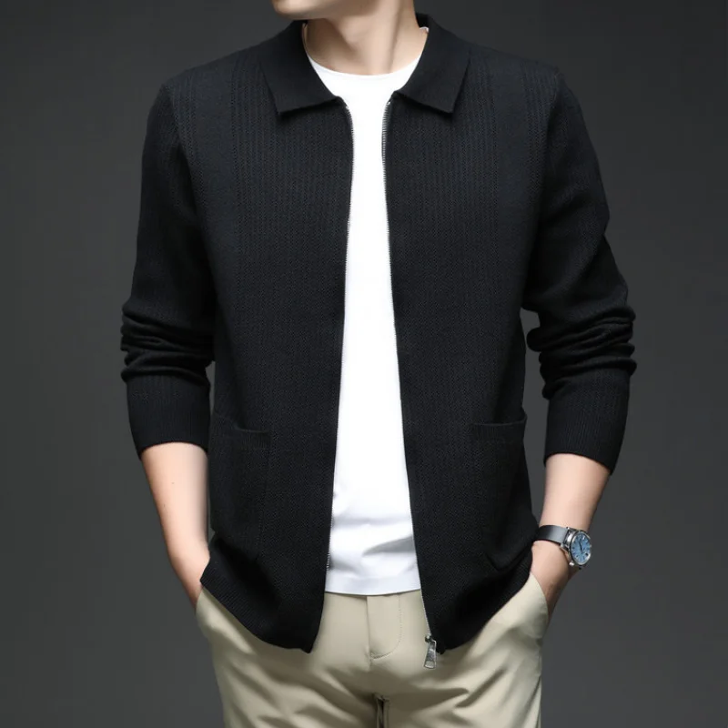 خريف شتاء جديد سستة بدوره إلى أسفل طوق سترة أعلى منتصف العمر والشباب محبوك سترة مع جيوب فضفاضة عادية J